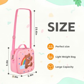 HAWEEK Lunch Bag With Adjustable Shoulder Strap, Insulated Lunch Bag Kids for Daycare and School, Water resistant Lining (Bear-Pink)