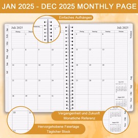 Diary 2025 - January 2025 to December 2025, Calendar 2025 to 30 Minute Intervals, A5 Weekly Planner with Monthly Tabs, Easy Organisation of Daily Life, 14.8 x 21 cm, Gold Flower