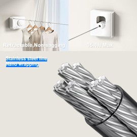MUSTORN Retractable Clothesline Indoor, Non-Sagging Outdoor Clothes Line Retracting Heavy Duty Clothes Drying Laundry Line Wall Mounted Stainless Steel Line-15.1 Feets(Rectangle-White)