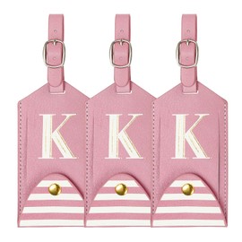Luggage Tags, Initial Letter Travel Luggage Baggage Labels PU Leather Tag Holder Waterproof for Privacy Protection ID Suitcase Identifier Backpack (3 Pack, Pink K)