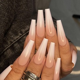 Yivaiks Nude Long Press on Nails Coffin Gradual Natural Artificial Nails for Women Fake Nails Kit 24pcs