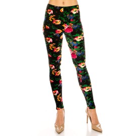 ALWAYS Women Floral Velvet Leggings - Premium Soft Stretch Warm Winter Printed Patterned Pants 137 Black Purple One Size