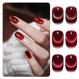 GAOY- Juego de esmaltes de uñas en gel con efecto ojo de gato y purpurina roja gelatinosa con imán, 6 tipos de ojos de gato holográficos para Navidad