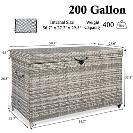 THINK 30 200 Gallon Wicker Deck Box with Wheels, All-Weather Outdoor Storage Box, Rattan Storage Bin for Patio Furniture, Outdoor Cushions, Pool Storage and Garden Tools, Grey