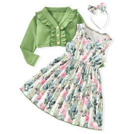 Toddler Little Girl Sleeveless Floral Spring Summer Dress Long Sleeve Waffle Ruffle Cardigan Shrug Set 2 Years Preschool Fall Winter Casual Outfits, 2-3T, Light Green
