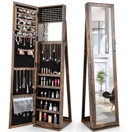 CHARMAID Jewelry Armoire with Higher Full Length Mirror, Lockable Jewelry Cabinet Organizer with Large Storage Capacity, Inside Makeup Mirror, Stable Base, Easy Assembly (Rustic Brown)