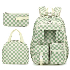 Dezcrab Girls School Backpack Set - Teens Kids School Bag Bookbag with Lunch Box Pencil Case for Elementary Middle School (Checkered Green)