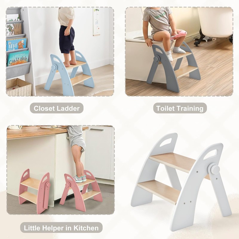 Wooden 2 Step Stool for Kids Bathroom Sink Foldable Anti-Slip
