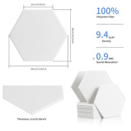Rdutuok Pack of 12 Acoustic Panels, 30 x 26 x 1 cm, Hexagon Acoustic Absorber, Sound Insulation Panels, Wall for Sound Studio, Office, Studio and Wall Decoration (White)