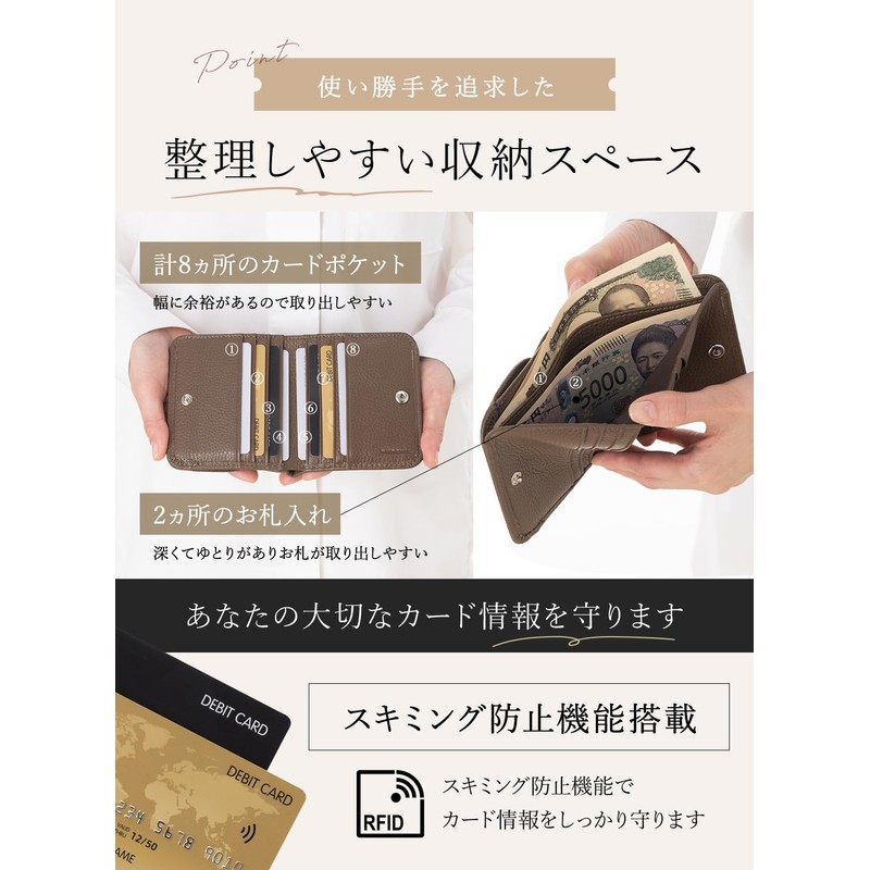 PURCHIC Bi-Fold Wallet, Mini Wallet, Women's, Genuine Leather, Thin, Compact,