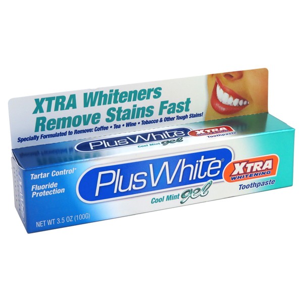 Plus White Xtra Whitening Toothpaste - Removes Tough Stains from Coffee, Smoking, Wine & More - Anti-Cavity, Plaque & Tartar Control (Cool Mint Gel, 3.5 oz)