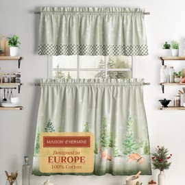 Maison d' Hermine Kitchen Curtains Sets for Windows 100% Cotton Set of Kitchen Curtains Valances for Home [2 Tiers (28"X36") and 1 Valance (56"X18")] Farmhouse, Cafe (Winter Mornings)