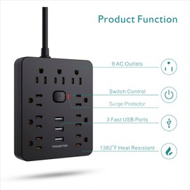 Power Strip Surge Protector with 9 Outlet 3 USB Ports, Fireproof Desktop Charging Station with Flat Plug Wall Mount 5 ft Long Extension Cords for Home and Office, Black