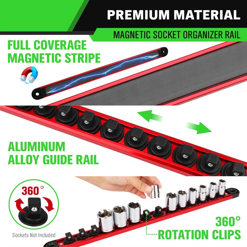 3/8-Inch Magnetic Socket Organizer Rail, Aluminum Alloy Socket Rail, Heavy