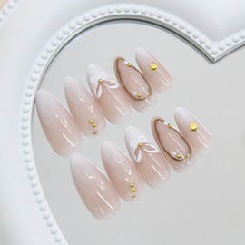 Gold Press on Nails Medium Almond Fake Nails 3D Seashell Butterfly Design Stick on Nails White French Tip False Nails Gradient Full Cover Acrylic Glue on Nail for Women Manicure 24Pcs