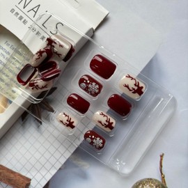 Christmas Press on Nails Wine Red Fake Nails Short Square False Nails with Red Elk Designs White Snowflakes Glue on Nails Square Stick on Nails Full Cover Winter Acrylic Nails Glossy Artificial Nails