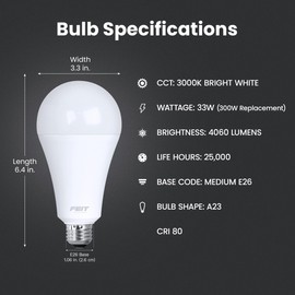 Feit Electric A23 LED Light Bulb, 300W Equivalent, Non-Dimmable, 4060 Lumens, E26 Standard Base, 3000k Bright White, High Output LED Bulb, Damp Rated, 22 Year Lifetime, OM300/830/LED