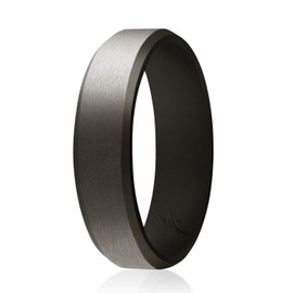 ROQ Silicone Rubber Wedding Ring for Men, Comfort Fit, Men's Wedding Band, Breathable Rubber Engagement Band, 6mm Wide 2mm Thick, Beveled Edge Style, Single, Black & Dark Silver, Size 12