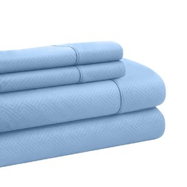 3 Piece Embossed Super Soft Fabric Microfiber Sheets Twin Xl | Beautiful Emboss Geometric Design 16" Deep Pocket Light Blue Bed Sheet Set, Durable Comfortable Warm Cozy Comfy Wrinkle Free Luxury Sheet