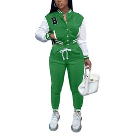 AIIYYQB Womens 2 Piece Tracksuit Button Down Letterman Varsity Cropped Jackets Pants Set Jogger Sweatsuit