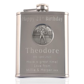 Mens 21st Birthday Stainless Steel Engraved Hip Flask with Solid Pewter Golfer Feature