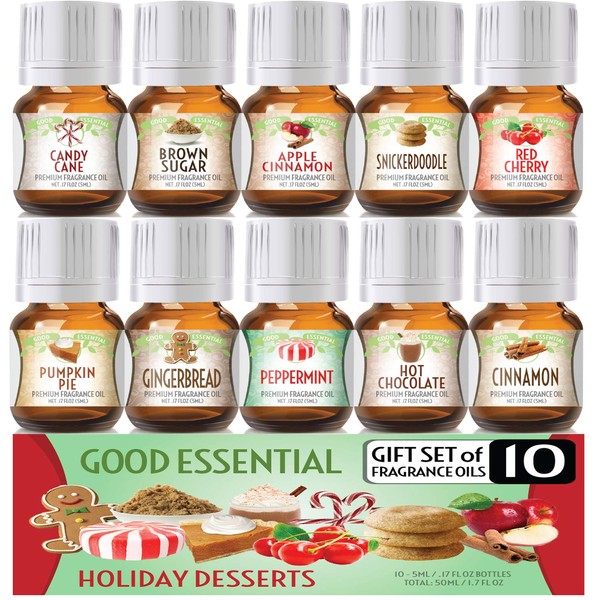 Holiday Desserts Good Essential Fragrance Oil Set (Pack of 10) 5ml Set - Peppermint, Apple Cinnamon, Hot Chocolate, Cherry, Pumpkin Pie, Candy Cane, Gingerbread, Snickerdoodle, Cinnamon, Brown Sugar