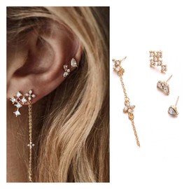 Inilbran Boho Crystal Tassel Earrings Gold Crystal Drop Earrings Vintage Rhinestone Long Earrings Sparkly Cz Crystal Asymmetrical Earrings Jewelry for Women and Girls