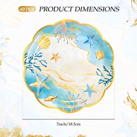 40 Pcs Coastal Sea Shell Paper Dessert Plates – 7 Inch Scalloped Gold Rim Disposable Plates with Starfish and Coral Design for Beach Party, Ocean Theme Party, Bridal Shower, and Summer Celebrations