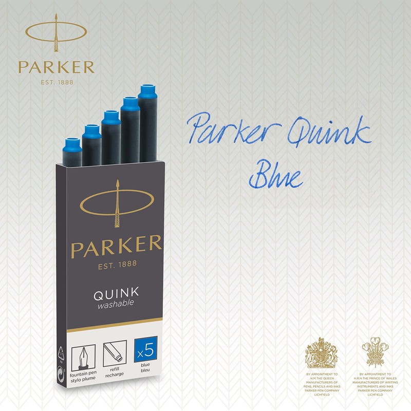 PARKER QUINK Long Fountain Pen Ink Refill Cartridges, Washable Blue,