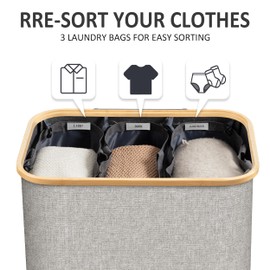 Famyards Laundry Hamper with Lid, 160L Extra Large Laundry Hamper 3 Section, Dirty Clothes Hampers with Removable Laundry Bags, Laundry Basket Organizer for Bathroom, Bedroom, Laundry Room(Light Grey)