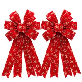 CRAFLOX Christmas Red Snowflakes Velvet Wreath Bow, 2Pcs Christmas Glitter Snowflakes Tree Topper Decorations for Home Indoor Outdoor, Hanging Ornament Bow for Wedding, Holiday and Party Decor