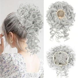 Elastic Drawstring Curly Hair Bun Extension With Long Tendrils Updo Hair Shaper Holder Hairpiece Messy Fluffy Synthetic Chignon Scrunchie Ponytail (Grey)