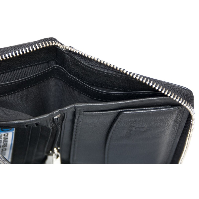 FLW Women's Black Metal Zip-Around Genuine Leather Wallet