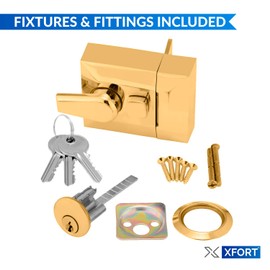 XFORT® Narrow Deadlocking Night Latch 40mm, Complete with Rim Cylinder and 3 Keys, Elegant Polished Brass Nightlatch, External Door Lock for Front Door, High Security for Your Home or Workplace