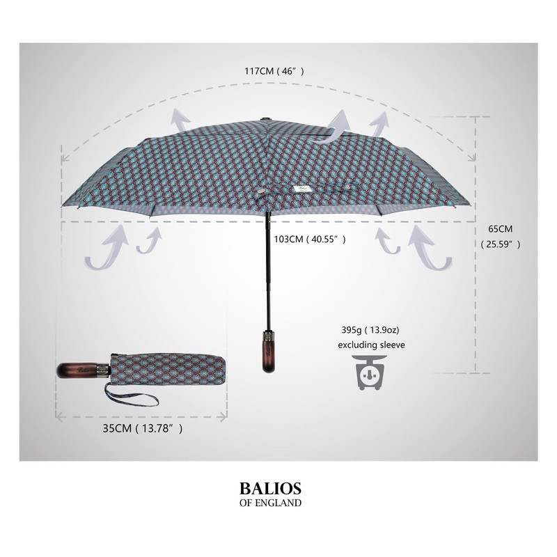 Balios Travel Folding Umbrella with Real Wood Handle Auto Open