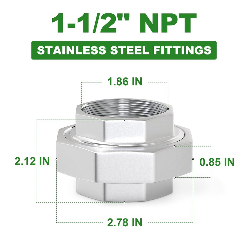TAISHER 1PCS 304 Stainless Steel Union，1-1/2" NPT Female Cast Pipe