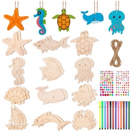 Kaisibum Pack of 24 Sea Creatures Craft Sets for Children, Ocean Wood Craft Sets DIY Sea Animals Wooden Ornaments Painting Starfish Fish Octopus Seahorse Sea Animal Craft Set for Painting for Girls