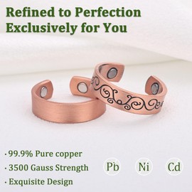Fashtour 2PCS Magnetic Copper Rings for Women, Elegant Lymphatic Jewelry Gifts, Vintage Adjustable Vine Design (Copper)
