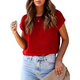 Saodimallsu Womens Cap Sleeve Crop Tops Summer Trendy Going Out Crew Neck Loose Knit Cropped Sweater Vest Tank Top Red
