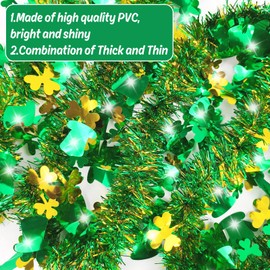 33 FT St Patricks Day Tinsel Garland Decor Gold Green Shamrock Hat Tinsel Garland for Irish Saint Patricks Day Party Home Decor Indoor Outdoor Decoration