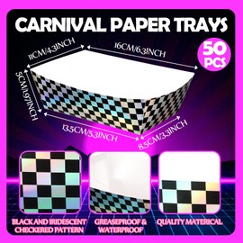 Geosar 100 Pcs Gingham Party Supplies Disposable Paper Food Trays Bulk Disposable Food Boat with Checkered Wax Paper Sheet Checkered Wrapping supply for Carnival Picnic Birthday Party(Iridescent)