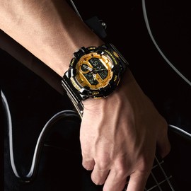 PINDOWS Men's Watch, Transparent Gold Analog Digital Dual Time 50m Waterproof, with LED Backlight Multi-Function Alarm Stopwatch, Ideal for Sports, Outdoor Activities, and Everyday Use, Modern