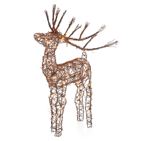 Alpine Corporation 35"H Outdoor Rattan Holiday Reindeer Lawn Decoration with White Lights