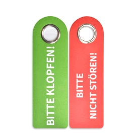 SynMe 2 Bitte KLOPFEN/Bitte Nicht STÖREN Door Handle Signs - 270 x 85 x 5 mm - Poly Felt & Metal Protective Ring - Freely Studded - Door Sign Bathroom Bedroom - Status Indicator - Versatile Use