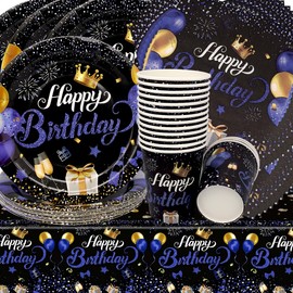 Doyomtoy Schwarzblau Partygeschirr, Geburtstag Deko Baby Geburtstag Blau Tassen Servietten Tischdecke für Kindergeburtstag Party Deko Baby Shower 16 Personen