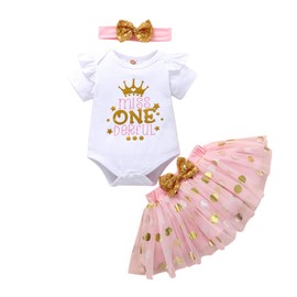 ATCTBOGFS Baby Girls 1st First Birthday Outfits Cotton Romper TuTu Skirt Set with Sequins Bowknot Headband 3Pcs