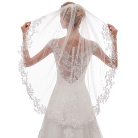EllieHouse Womens Short Fingertip Length 1 Tier Lace Ivory Wedding Bridal Veil With Metal Comb L69IV
