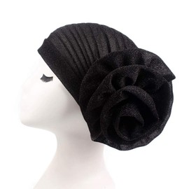 Turban Cap, Women's Hair Band, Hair Clip, Bandana Hat, Large Flowers, Glitter, Gorgeous, Headcover, Muslim Wear, Small Face Effect, Stylish, Hair Accessory, Present, Black