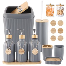 Juego de Accesorios de baño Gris, 17 Piezas con Botes de Basura, dispensador de jabón de loción, Soporte para Cepillo para Polvo de Dientes, jabonera