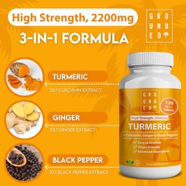 Grounded Turmeric Tablets 2,200mg with Black Pepper & Ginger 35:1 Extract | 2 Month Supply, 120 Tablets | High Strength Herbal Curcumin Supplement | Natural Anti Inflammatory & Antioxidants | Vegan UK